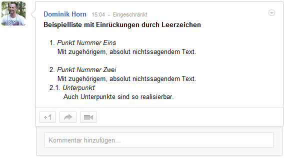 Listenformatierung mit Leerzeichen