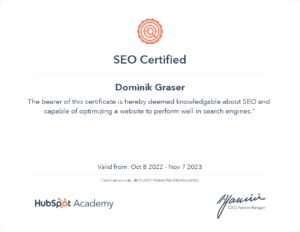 HubSpot SEO Certification - Dominik Graser