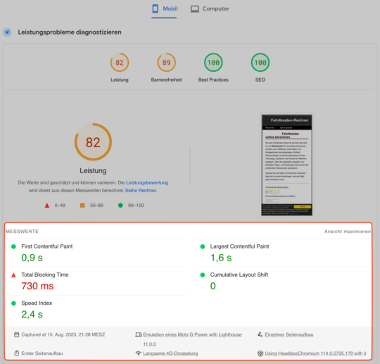 Google PageSpeed Insights Messwerte