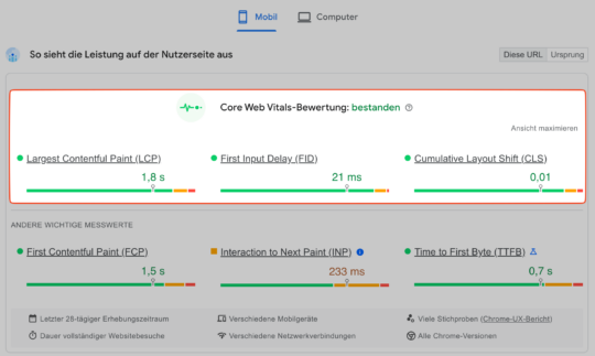 PageSpeed Insights: Core Web Vitals bestanden