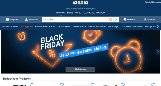 idealo.de Startseite mit saisonal passendem Black Friday  Banner