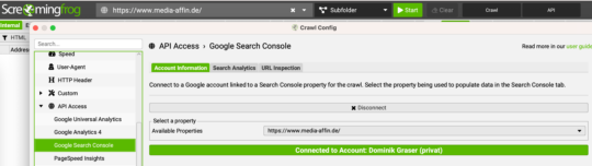 Screaming Frog: Google Search Console API verknüpfen