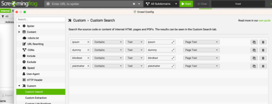 Screaming Frog Custom Search nach Lorem ipsum